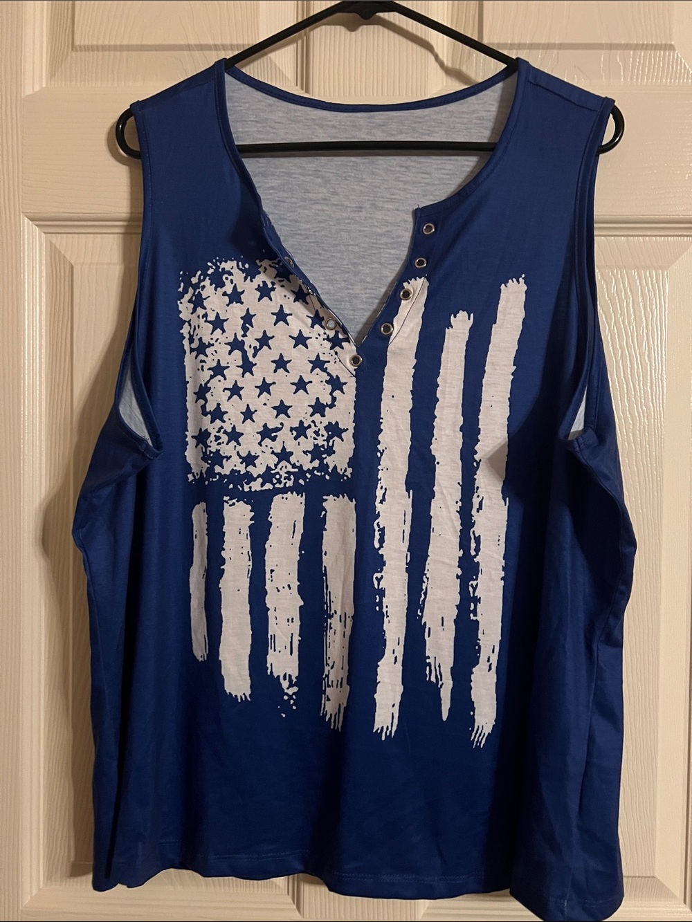 SHEIN Blue Cold-Shoulder Tank with Distressed White Flag Print